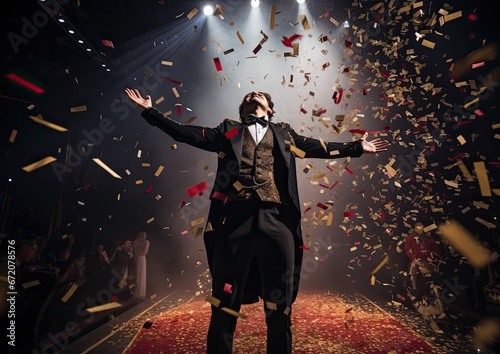 A wide-angle shot of a magician performing on a stage, with a burst of confetti filling the air,