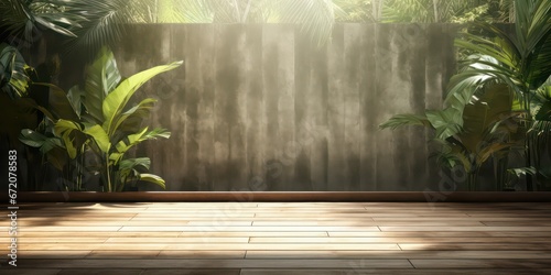 An empty, old wooden plank wall a concrete floor, with a backdrop of a lush tropical garden. Sunlight filters through, casting a warm glow