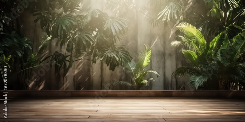 An empty  old wooden plank wall  a concrete floor  with a backdrop of a lush tropical garden. Sunlight filters through  casting a warm glow