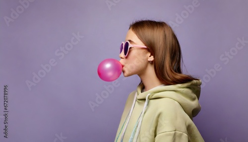 een igen girl wear stylish trendy sunglasses and hoodie blowing bubble gum profile side view, pretty young woman fashion cool model with bubblegum 80s at party purple studio background photo