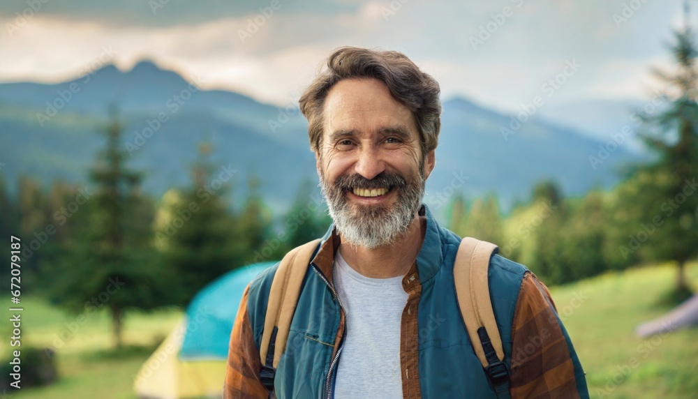 Happy older bearded man standing in nature park outdoors and laughing. Smiling active mature senior traveler looking at camera advertising camping tourism. Close up face front portrait - obrazy, fototapety, plakaty 