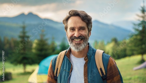 Happy older bearded man standing in nature park outdoors and laughing. Smiling active mature senior traveler looking at camera advertising camping tourism. Close up face front portrait photo