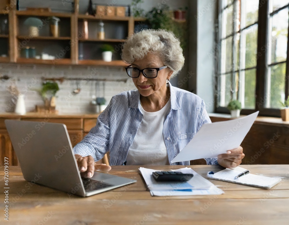 Adult senior 60s woman calculating paper documents at home at pc. Serious middle aged woman at table working on bank payments household online with computer technologies Adult senior 60s woman calculating paper documents at home at pc. Serious middle aged woman at table working on bank payments household online with computer technologies