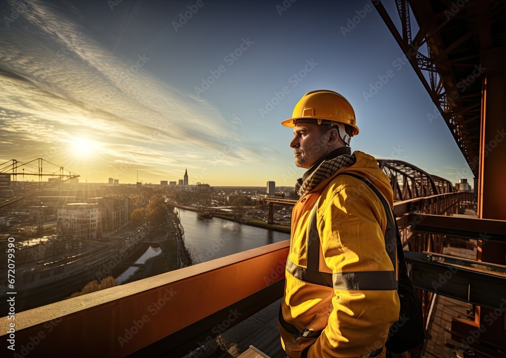 An engineer standing on a construction site, overlooking a massive bridge under construction. The An engineer standing on a construction site, overlooking a massive bridge under construction. The