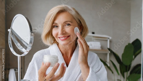 Attractive mid age older adult 50 years old blonde woman wears bathrobe in bathroom applying nourishing antiage face skin care cream treatment, looking at mirror doing daily morning beauty routine photo