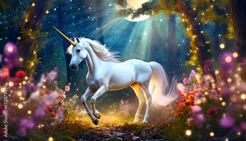Unicornio en bosque fant  stico iluminado por la luz de la luna