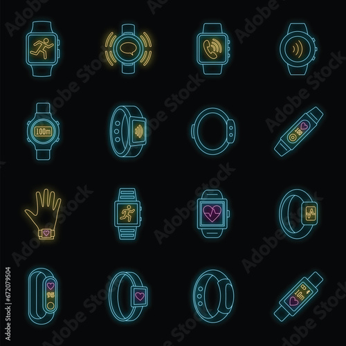 Sport fitness tracker icon set. Outline set of sport fitness tracker vector icons neon color on black