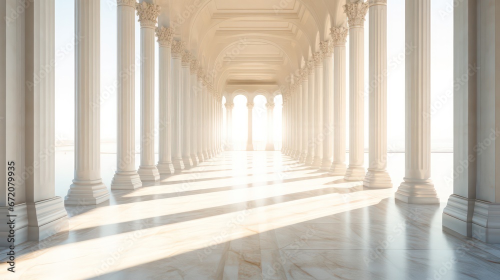 Sunlight gently filters through the columns, casting a warm glow in the long, white corridor, creating a serene and inviting ambiance. - obrazy, fototapety, plakaty 