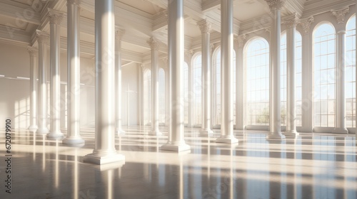 Sunlight gently filters through the columns, casting a warm glow in the long, white corridor, creating a serene and inviting ambiance.