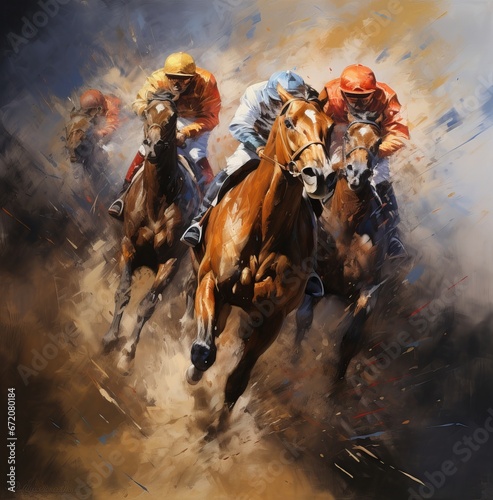 Photo watercolor sports art horse racing suitable for wall painting. Generative AI © awalcreative