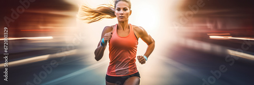 Fast woman running on road with speed, blur effect.