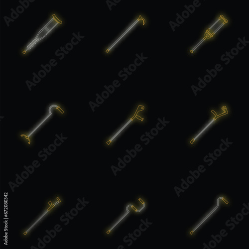 Crutches injury support care leg reliance icons set. Outline illustration of 9 crutches injury support care leg reliance vector icons neon color on black
