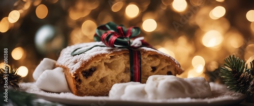 traditional German Christmas cupcake stollen on a wooden board, studded with candied fruits, marzipan, and dusted with powdered sugar