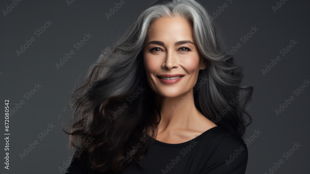 Fototapeta premium Sensual middle-aged beautiful Asian woman with long grey hair, her eyes closed, body and face care concept. Charming mature lady stands in profile isolated on grey studio background