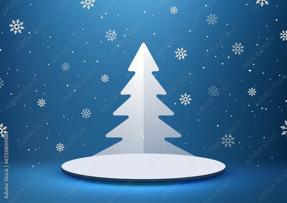 Festive White 3D Podium Christmas Tree Paper Art Greeting Card on Blue Snowflake Background Festive White 3D Podium Christmas Tree Paper Art Greeting Card on Blue Snowflake Background