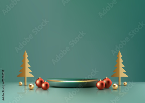 3D Realistic Green and Gold Christmas Podium on Green Background with Pine Tree and Red Balls