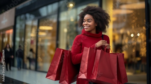 Black Friday, Lady holding shopping sack whereas standing on the shopping center foundation
