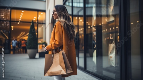 Black Friday, Lady holding shopping sack whereas standing on the shopping center foundation
