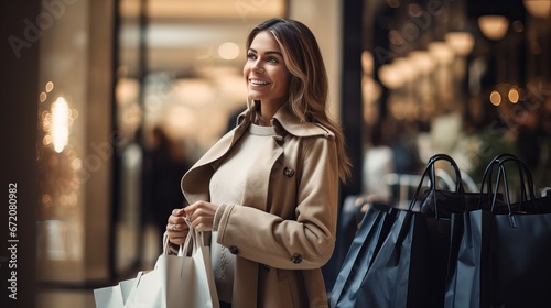 Black Friday! Exquisite wealthy lady wearing mold trench-coats appearing shopping dark friday sack in mold shopping center after incredible shopping prepare, concept of consumerism, deal, photo