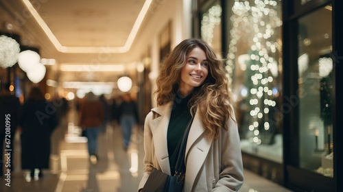 Black Friday! Exquisite wealthy lady wearing mold trench-coats appearing shopping dark friday sack in mold shopping center after incredible shopping prepare, concept of consumerism, deal,