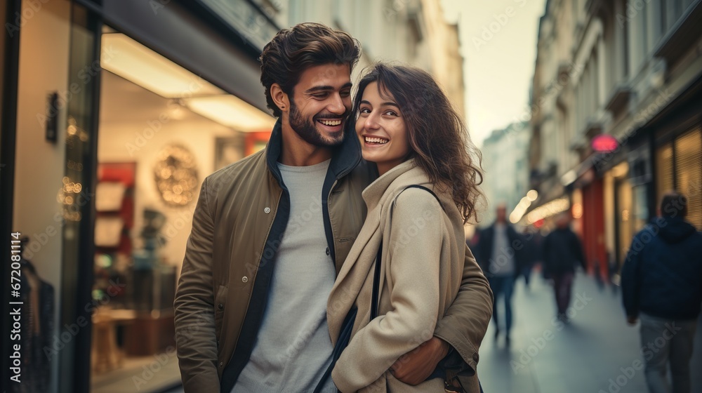 A youthful couple is shopping and embracing within the road A youthful couple is shopping and embracing within the road