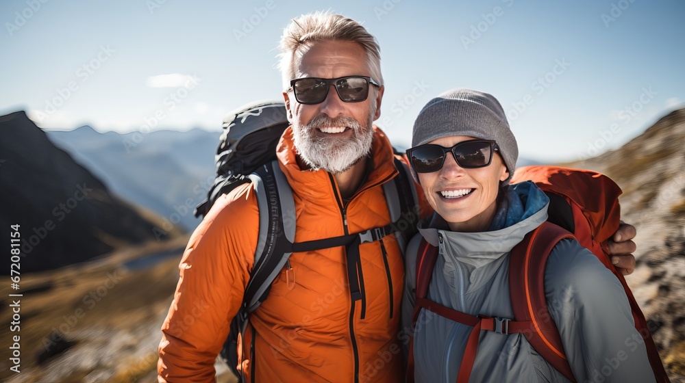 Dynamic senior caucasian couple climbing in mountains with rucksacks, getting a charge out of their experience