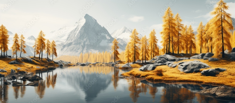 A mountain landscape in autumn adorned with golden larch trees
