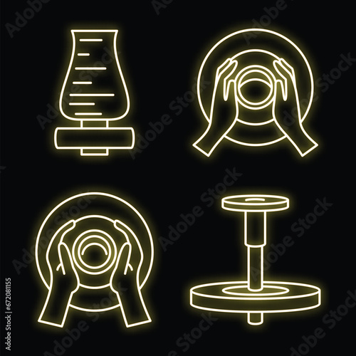 Potters wheel icon set. Outline set of potters wheel vector icons neon color on black