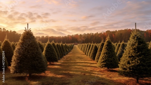 A Christmas tree farm with rows of trees ready for sale