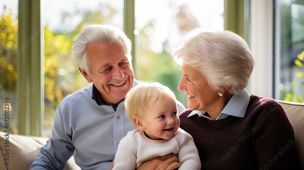 Grandparents Sitting On Couch With Infant Granddaughter At Domestic