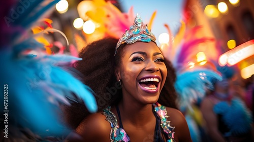 Ladies, giggling or samba carnival artists in celebration occasion, road night party or city execution. Moving celebration, plumes or mold ensemble for grin, cheerful or holding companions