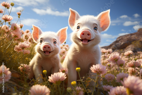 Canvas Print Pigs on the meadow in the mountains, funny pink piglet with flowers, animals on