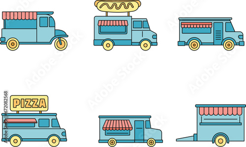 Festival food truck icon set. Outline set of festival food truck vector icons thin line color flat on white