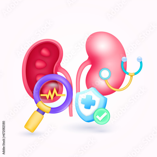 Kidney health check up with doctor. Yellow heart pulse in magnifying glass looking kidney diagnosis and shield symbol cross, check mark button. Medical health care. 3d icon organ anatomy vector.