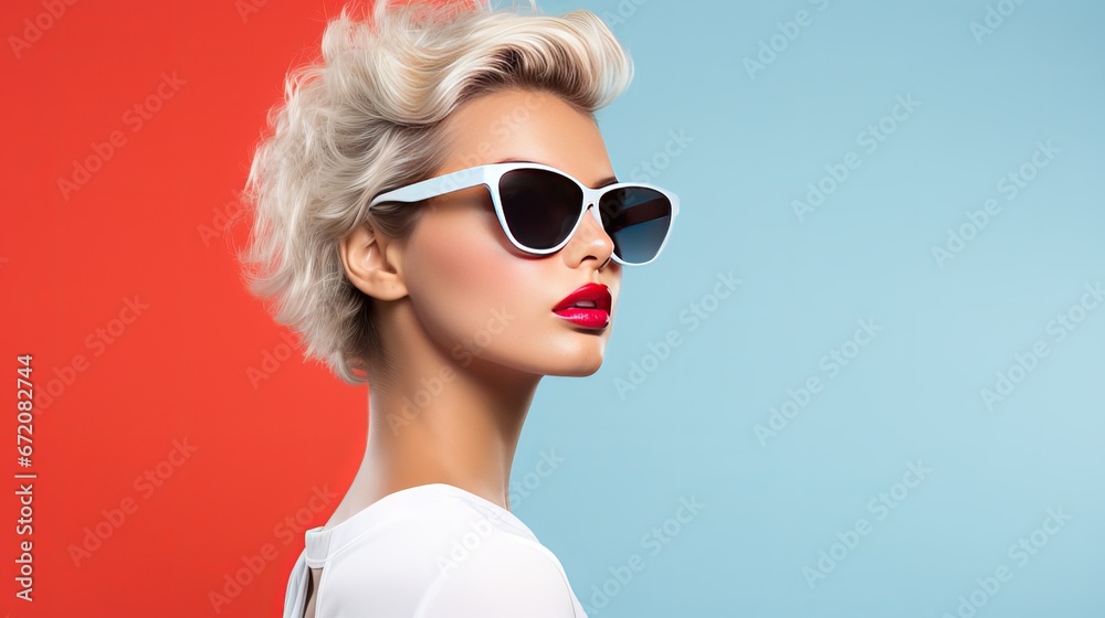 Representation of astounded lady in shades holding paper pack and indicating finger aside confined over white foundation Representation of astounded lady in shades holding paper pack and indicating finger aside confined over white foundation