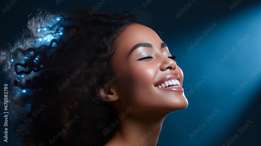 Profile side see representation of appealing cheerful young lady illustrating duplicate space advertisement modern disconnected over shinning blue color foundation Profile side see representation of appealing cheerful young lady illustrating duplicate space advertisement modern disconnected over shinning blue color foundation