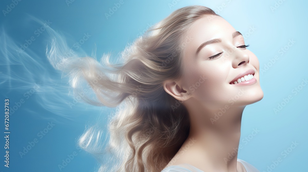 Profile side see representation of appealing cheerful young lady illustrating duplicate space advertisement modern disconnected over shinning blue color foundation