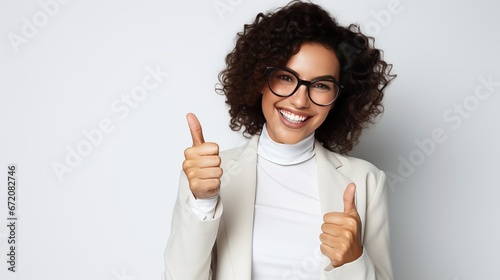 Representation of chuckling lady in shades holding paper pack and indicating thumb aside confined over white foundation photo