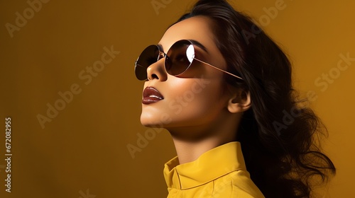 Near up side profile photo lovely she her woman snicker chuckling carry packs culminate see purchase buyer display blessing birthday rebate wear specs formal-wear outfit confined yellow