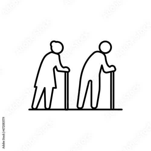 Senior couple - vector line design single isolated icon on white background. High quality black pictogram. Image of retired man and woman with walking cane. Elderly people care, aging process concept