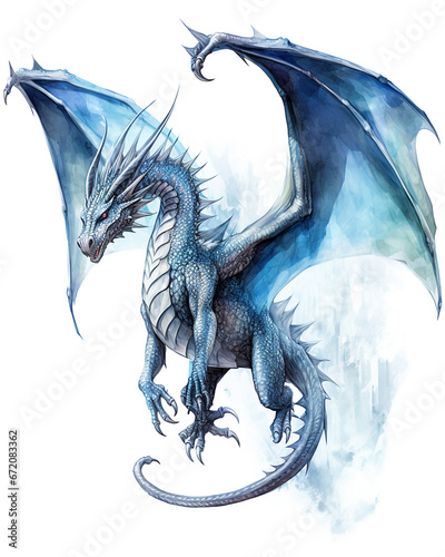 Watercolor blue dragon. Symbol of new 2024 year, isolated