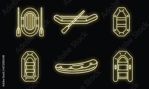 Rubber inflatable boat icon set. Outline set of rubber inflatable boat vector icons neon color on black