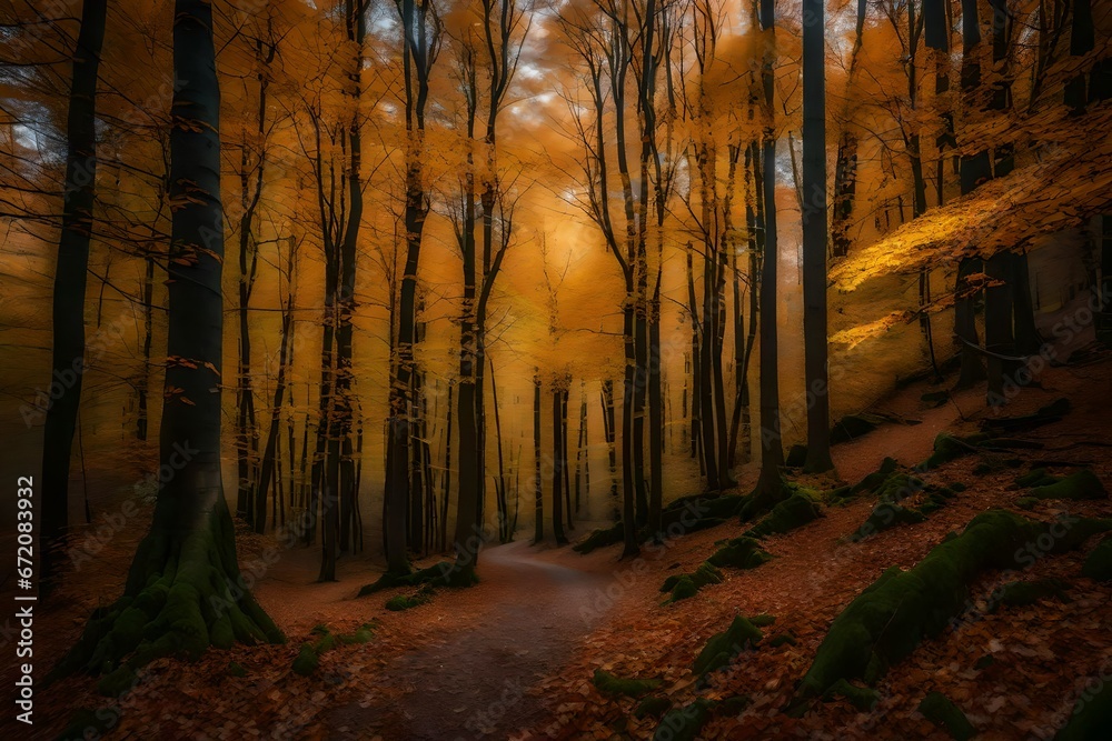 Fototapeta premium Autumn and fall season, coffee with fake maple leaf on wood table