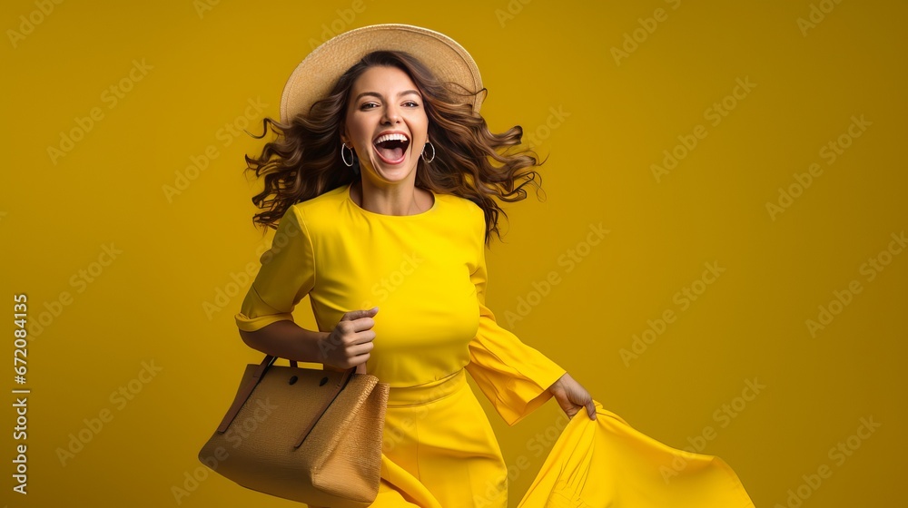White energized lady chuckling whereas running with shopping sacks separated over yellow foundation White energized lady chuckling whereas running with shopping sacks separated over yellow foundation
