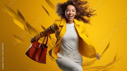 White energized lady chuckling whereas running with shopping sacks separated over yellow foundation