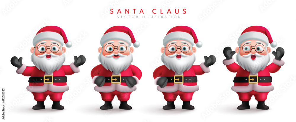 Christmas santa claus characters vector set. Christmas santa claus character in standing, waving, cute and smiling mascot cartoon collection. Vector illustration santa claus character collection. 
