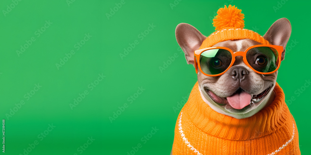 Fototapeta premium A cute dog in a bright Christmas orange sweater and hat on a green background