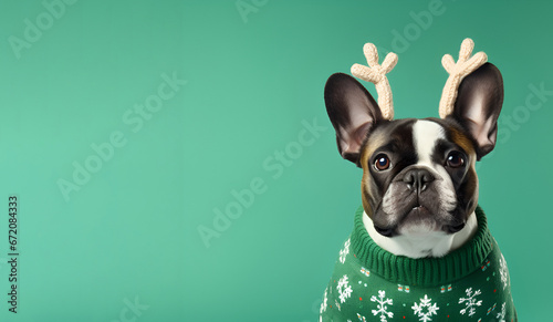 Little cute dog in a Christmas sweater on a green background