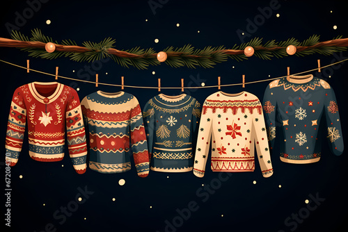 Illustration of Christmas sweaters on a dark background photo