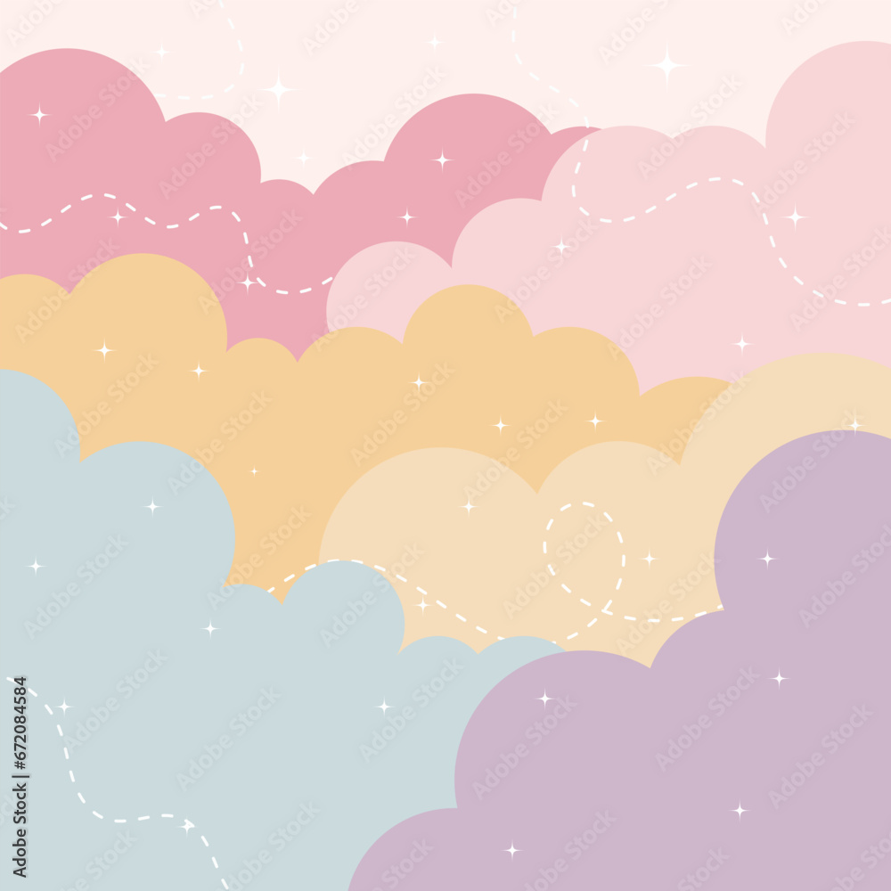 Vector Cute Kawaii Pastel cloud flat cartoon background with stars and scribbles
